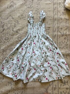 Hill House Kids Floral Pond Print Sundress in Light Blue with Pink Roses